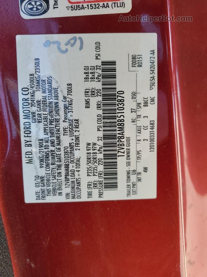 2011 Ford Mustang  Красный vin: 1ZVBP8AM8B5103870