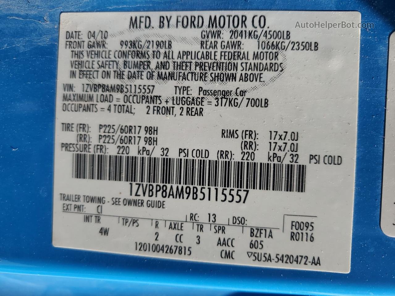 2011 Ford Mustang  Blue vin: 1ZVBP8AM9B5115557
