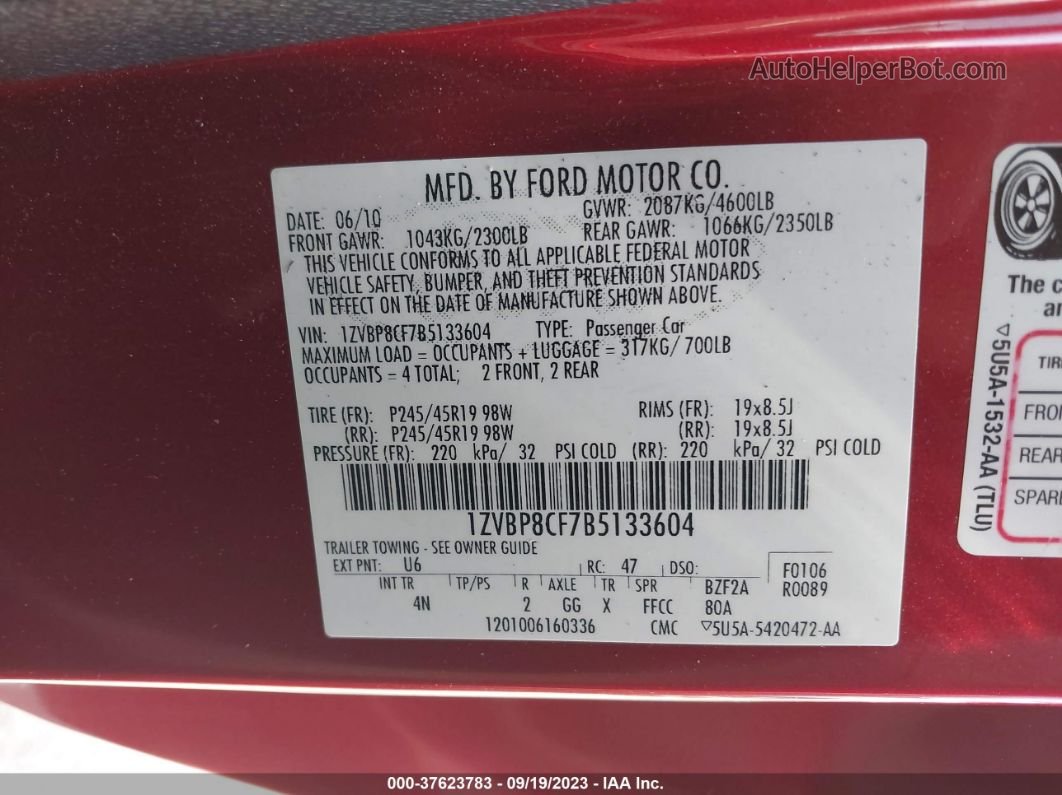 2011 Ford Mustang Gt Premium Красный vin: 1ZVBP8CF7B5133604