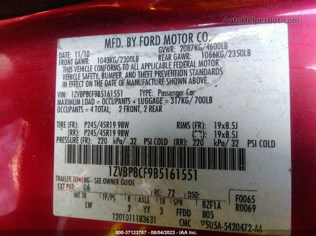 2011 Ford Mustang Gt Красный vin: 1ZVBP8CF9B5161551