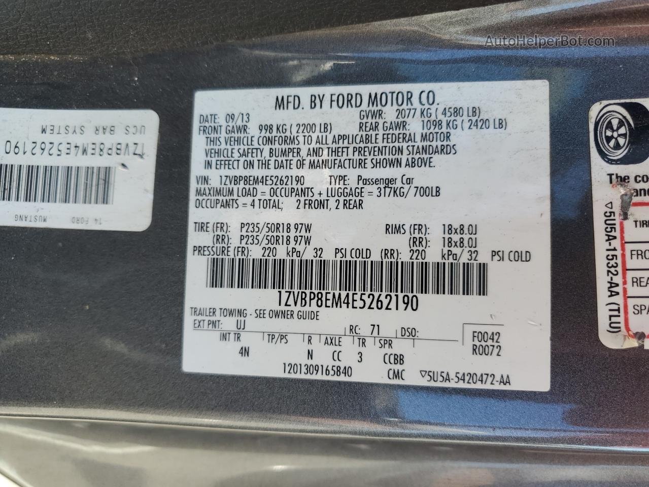 2014 Ford Mustang  Угольный vin: 1ZVBP8EM4E5262190