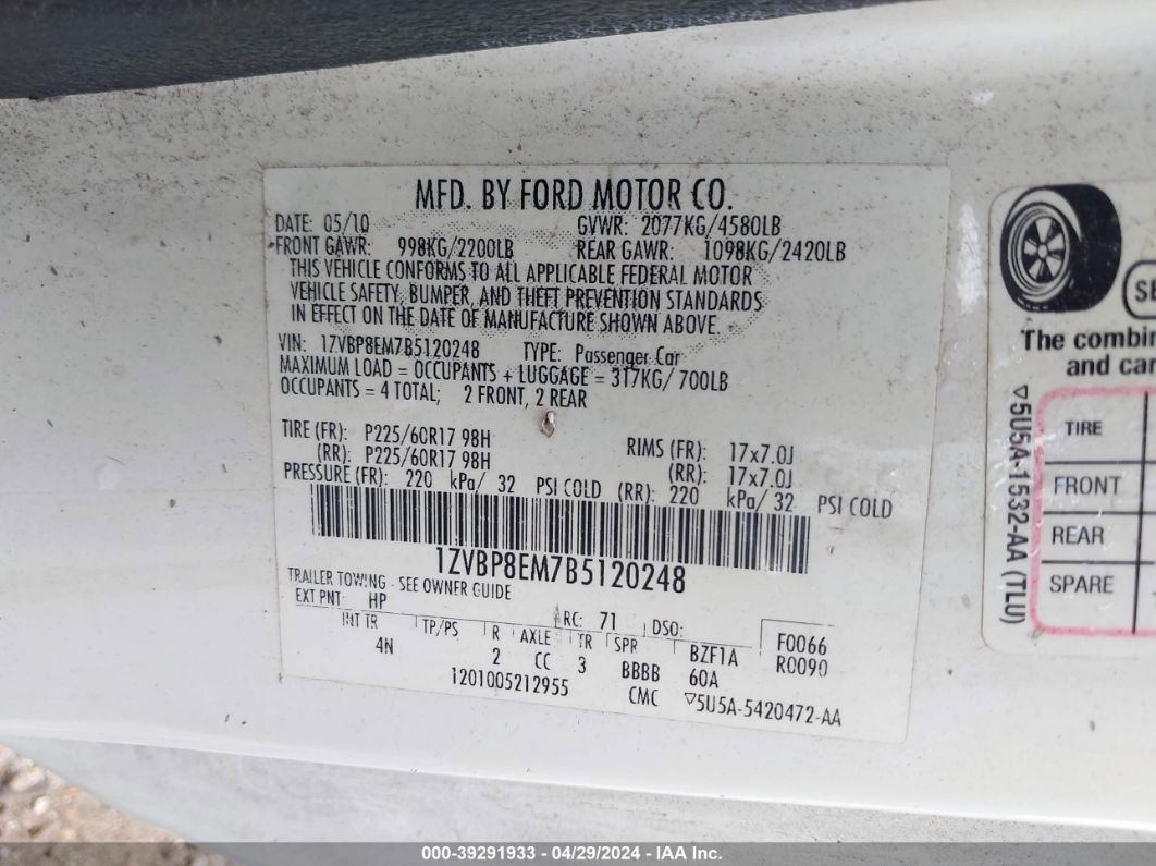 2011 Ford Mustang V6 Premium White vin: 1ZVBP8EM7B5120248