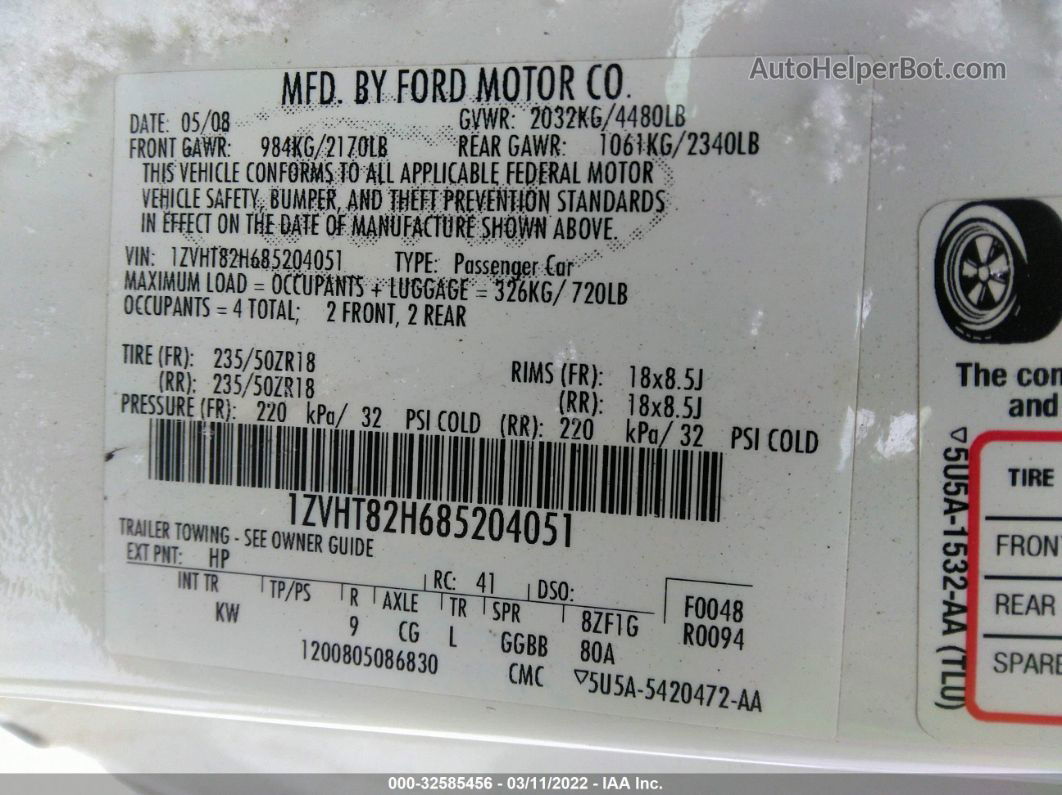 2008 Ford Mustang Gt White vin: 1ZVHT82H685204051