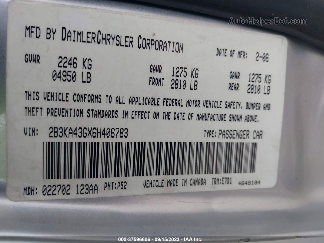2006 Dodge Charger   Silver vin: 2B3KA43GX6H406783