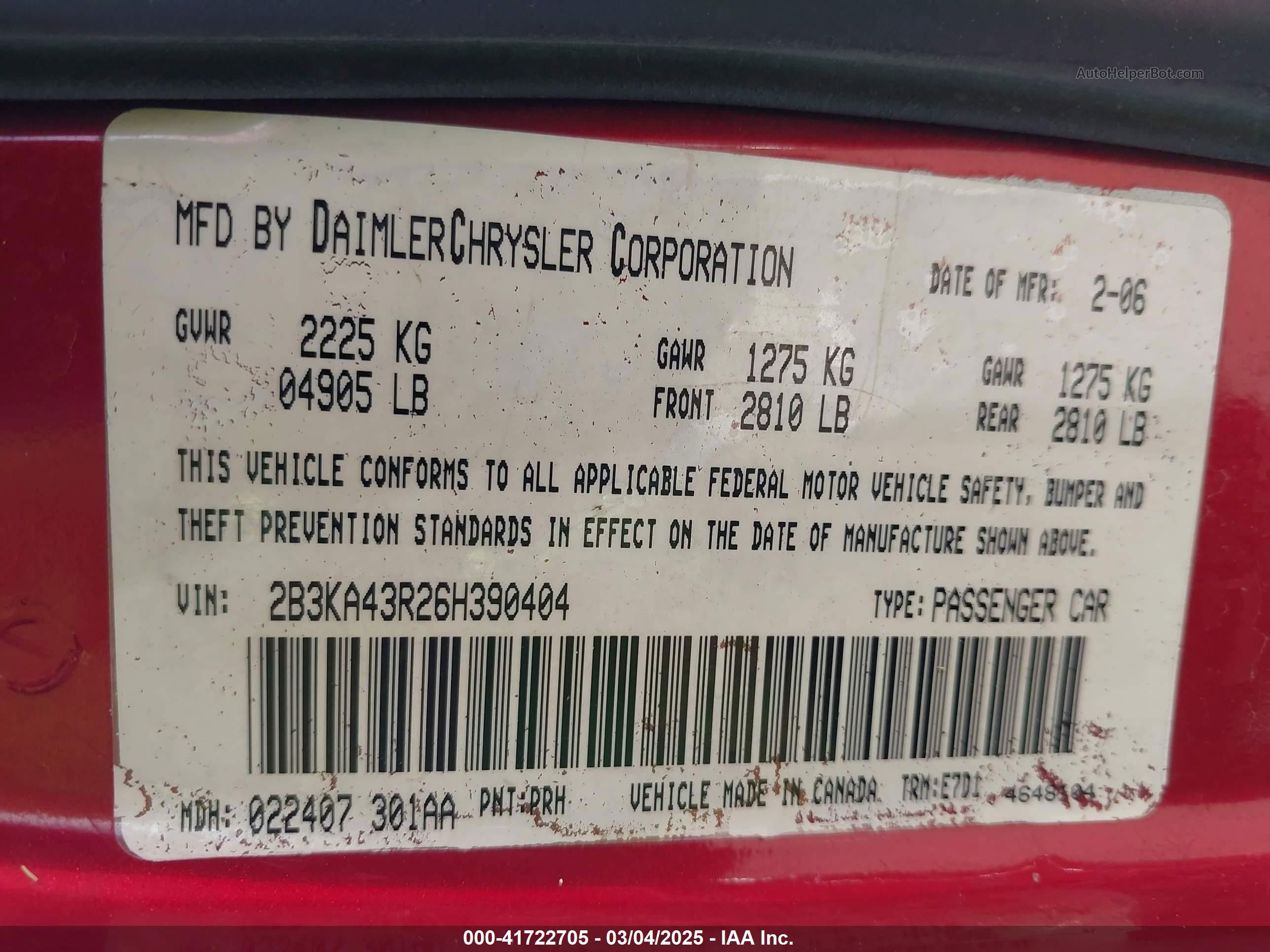 2006 Dodge Charger   Red vin: 2B3KA43R26H390404