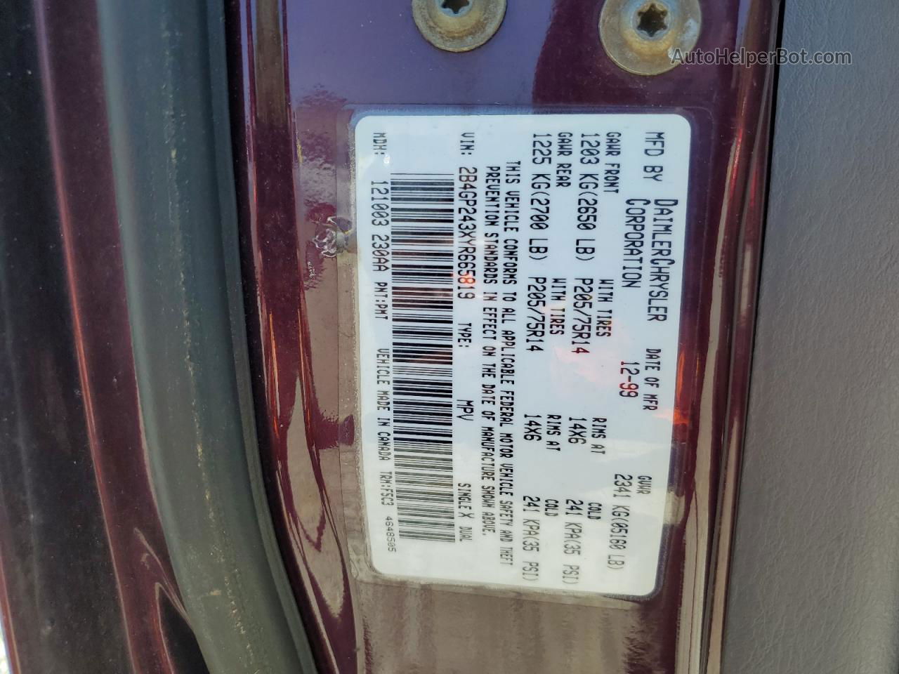 2000 Dodge Grand Caravan  Maroon vin: 2B4GP243XYR665819