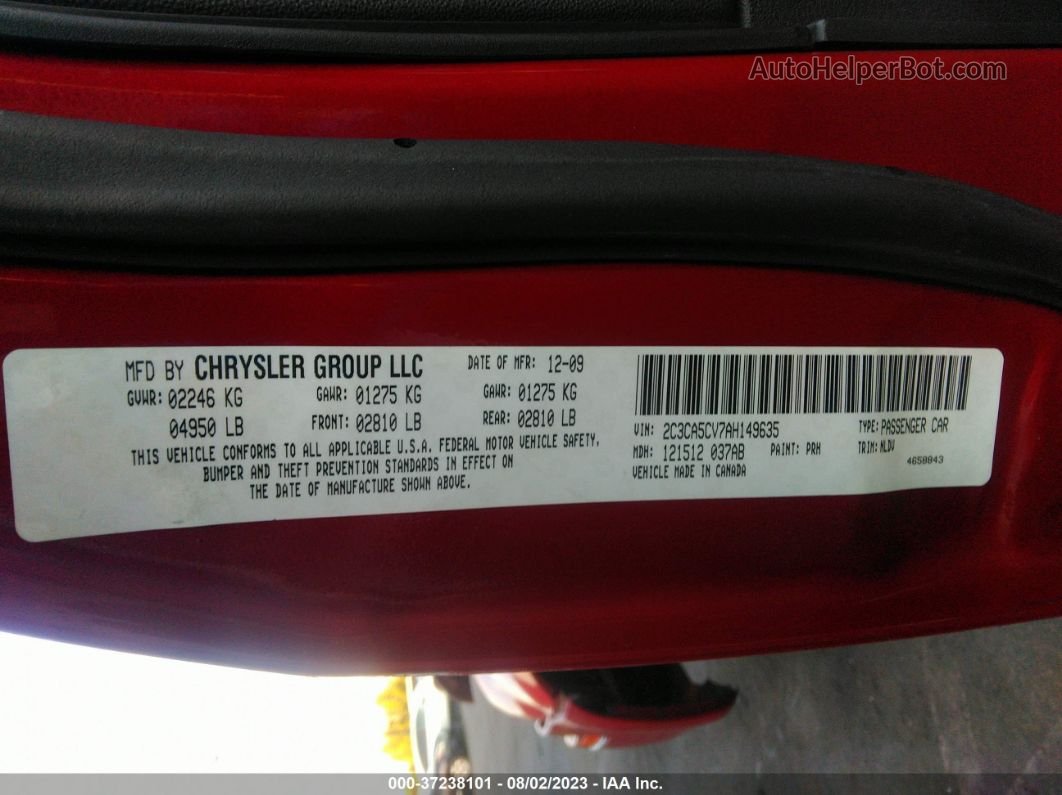 2010 Chrysler 300 Touring/signature Series/executive Series Red vin: 2C3CA5CV7AH149635