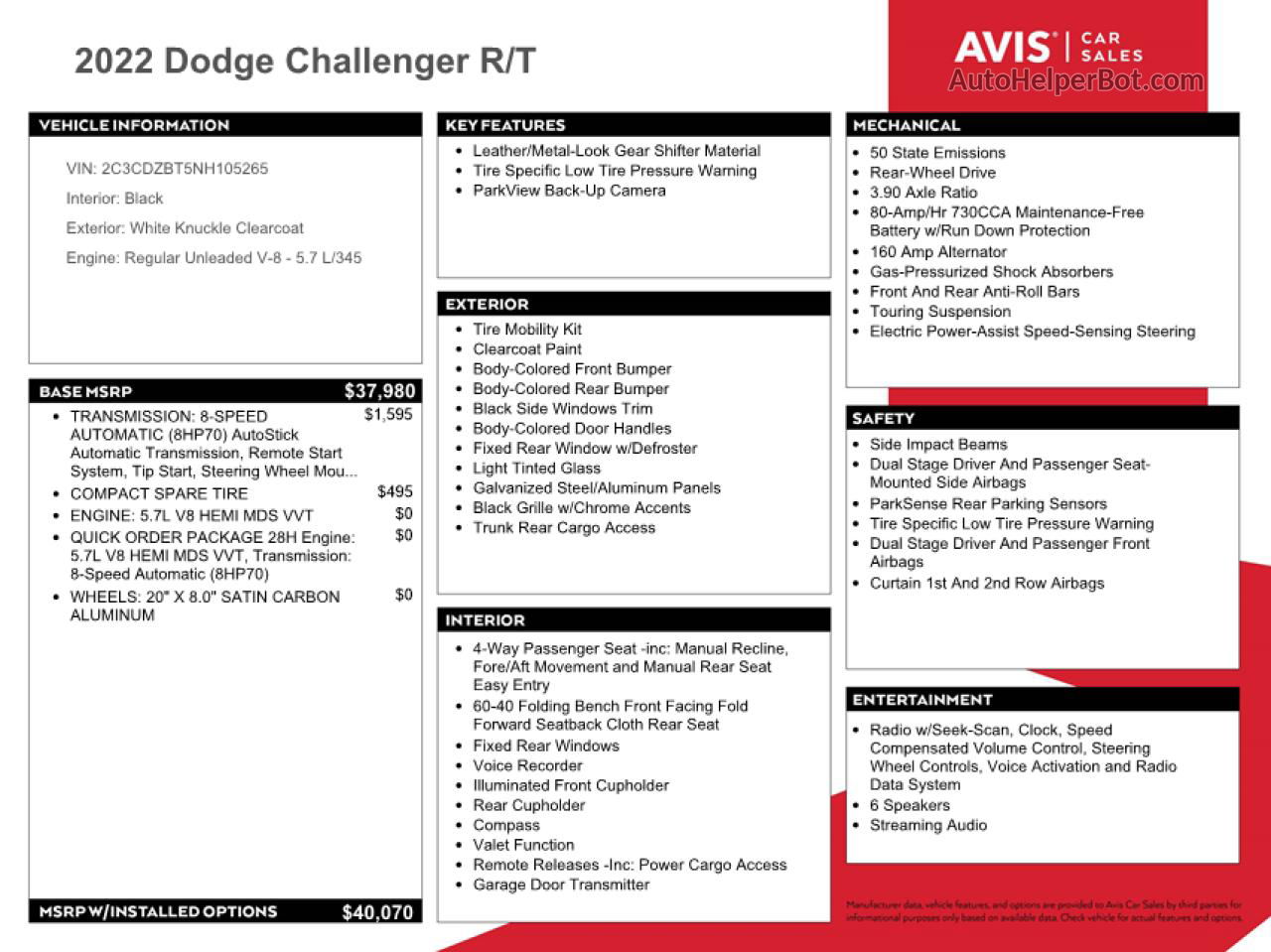 2022 Dodge Challenger R/t White vin: 2C3CDZBT5NH105265