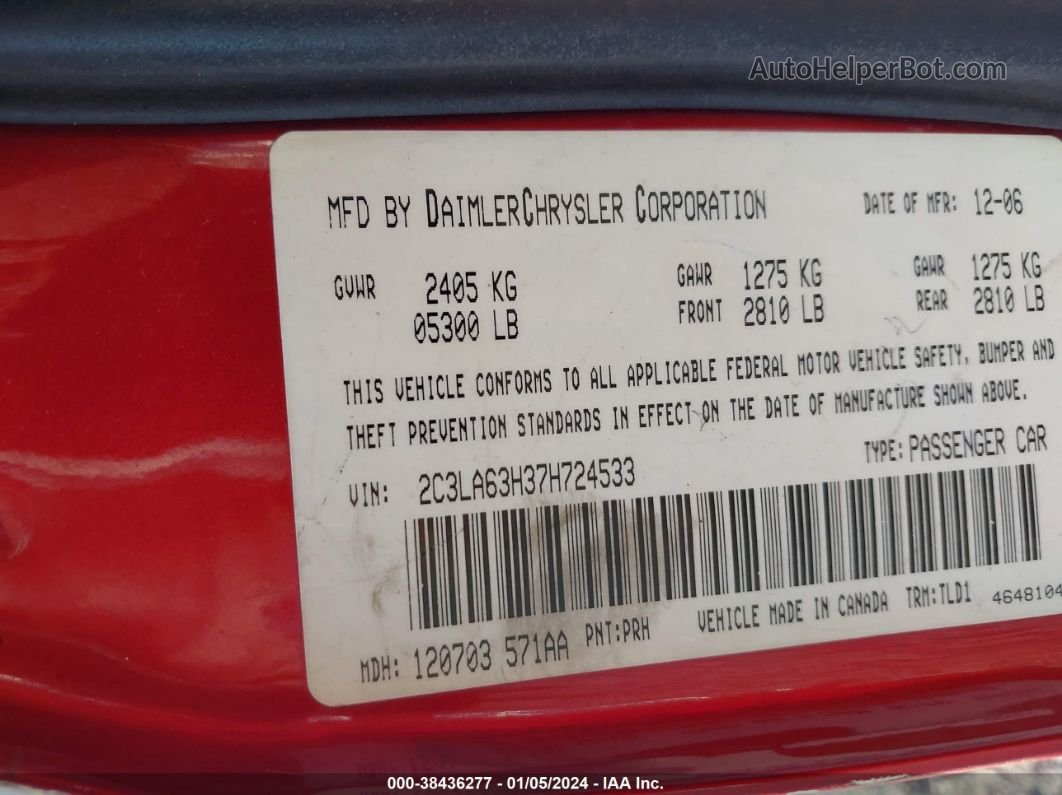 2007 Chrysler 300c   Красный vin: 2C3LA63H37H724533