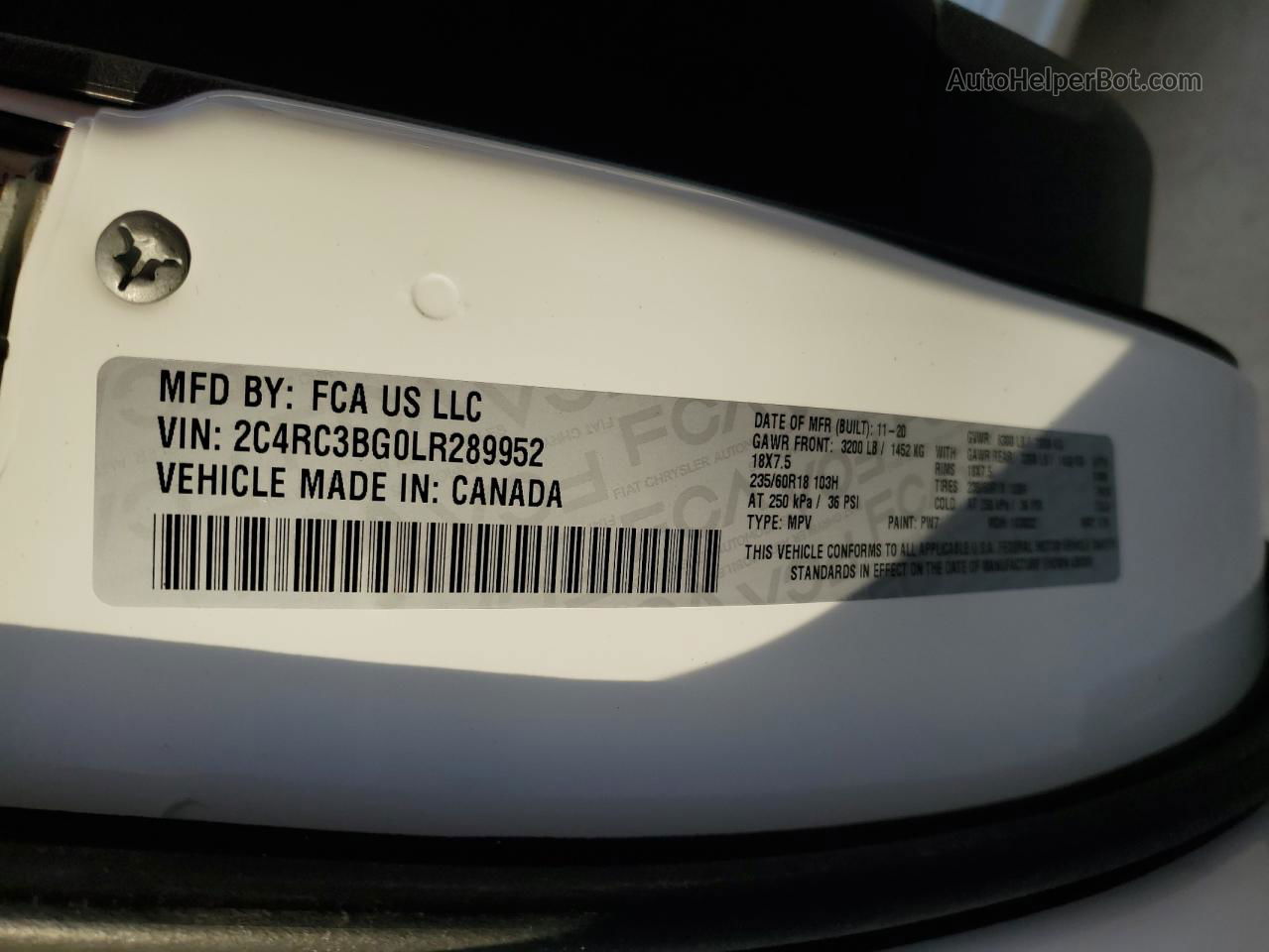 2020 Chrysler Pacifica Touring L White vin: 2C4RC3BG0LR289952