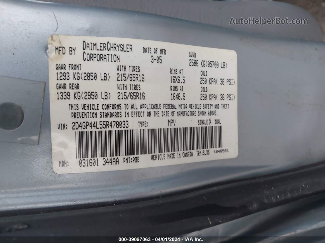 2005 Dodge Grand Caravan Sxt Blue vin: 2D4GP44L55R478033