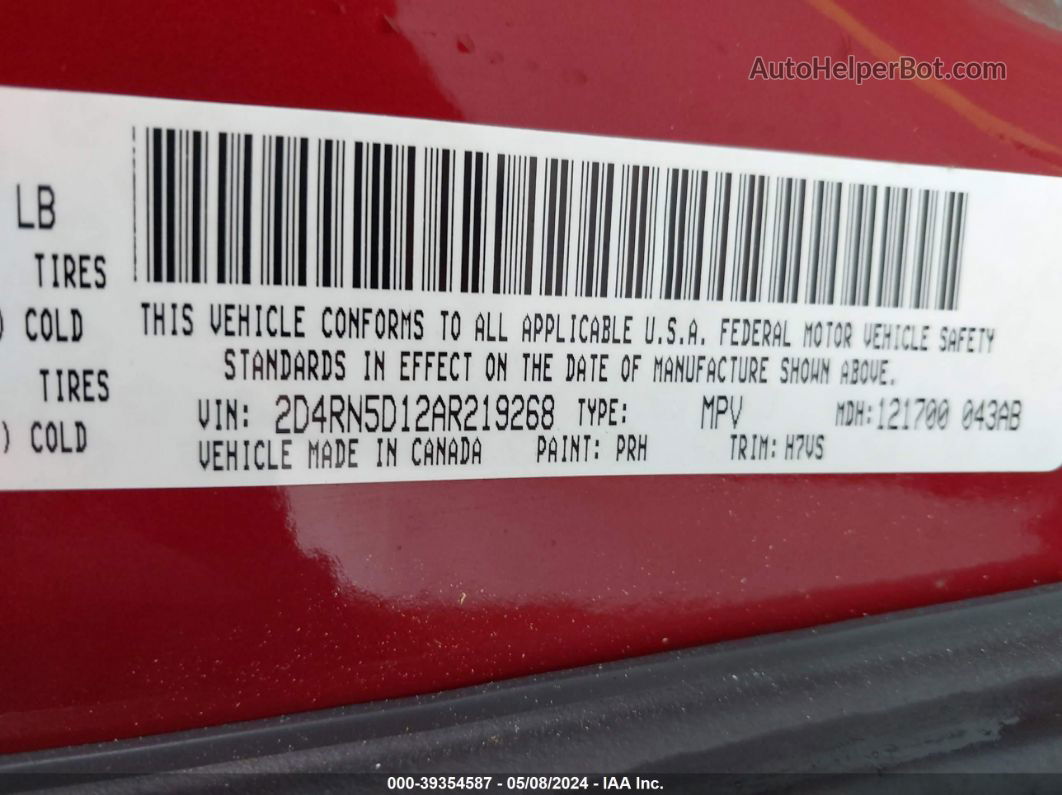 2010 Dodge Grand Caravan Sxt Red vin: 2D4RN5D12AR219268