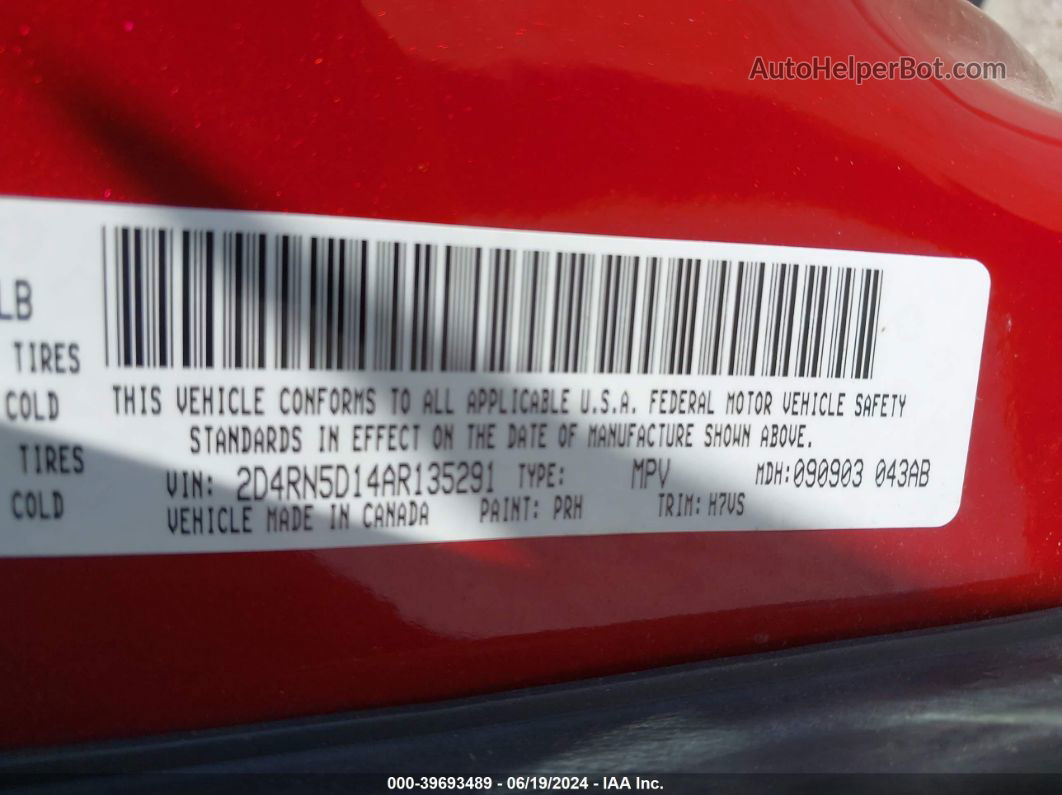 2010 Dodge Grand Caravan Sxt Red vin: 2D4RN5D14AR135291