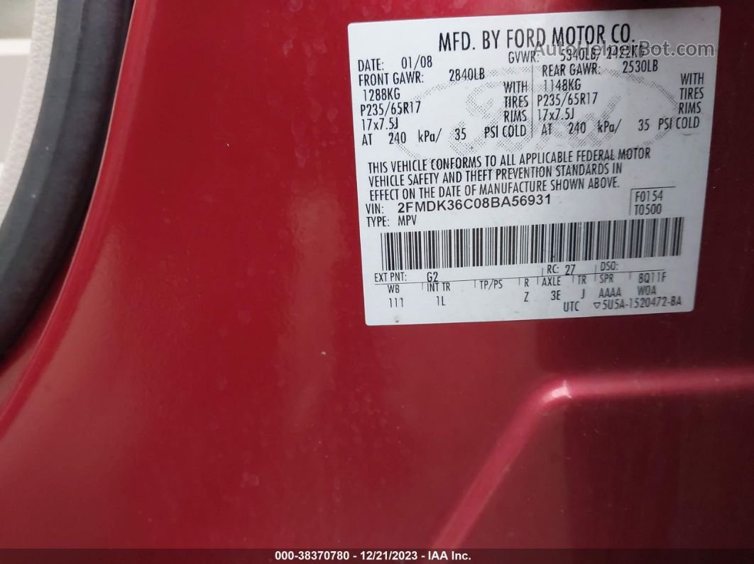 2008 Ford Edge Se Red vin: 2FMDK36C08BA56931