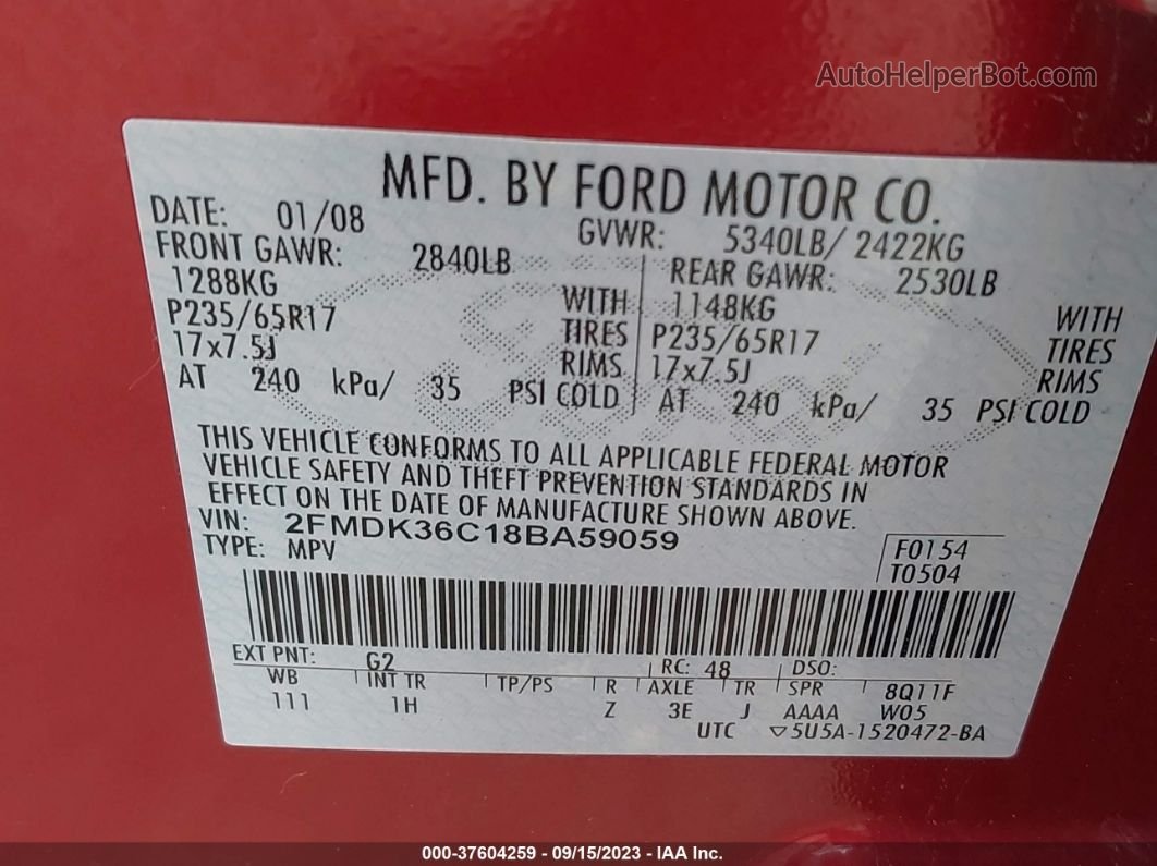 2008 Ford Edge Se Red vin: 2FMDK36C18BA59059
