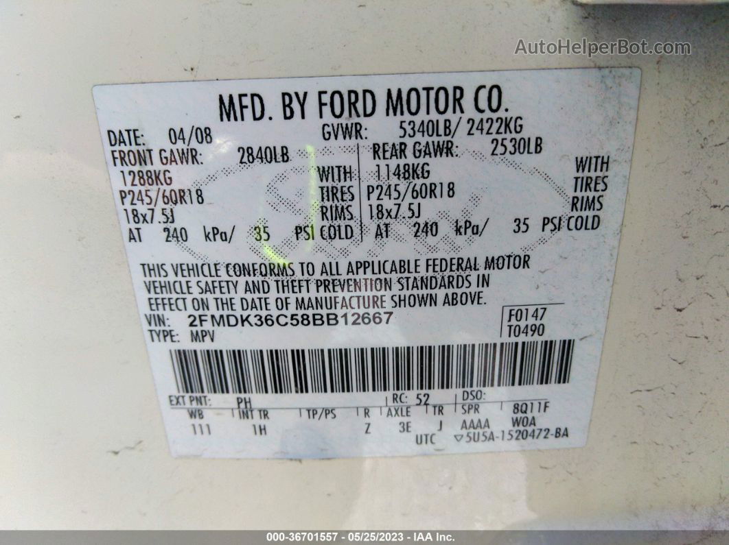 2008 Ford Edge Se Cream vin: 2FMDK36C58BB12667