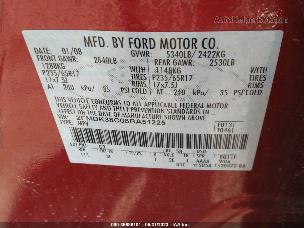 2008 Ford Edge Sel Red vin: 2FMDK38C08BA51225