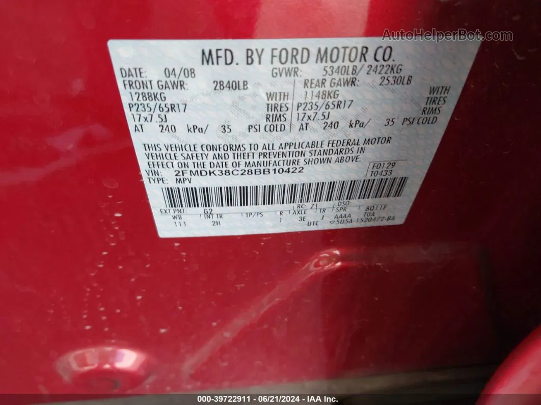 2008 Ford Edge Sel Red vin: 2FMDK38C28BB10422