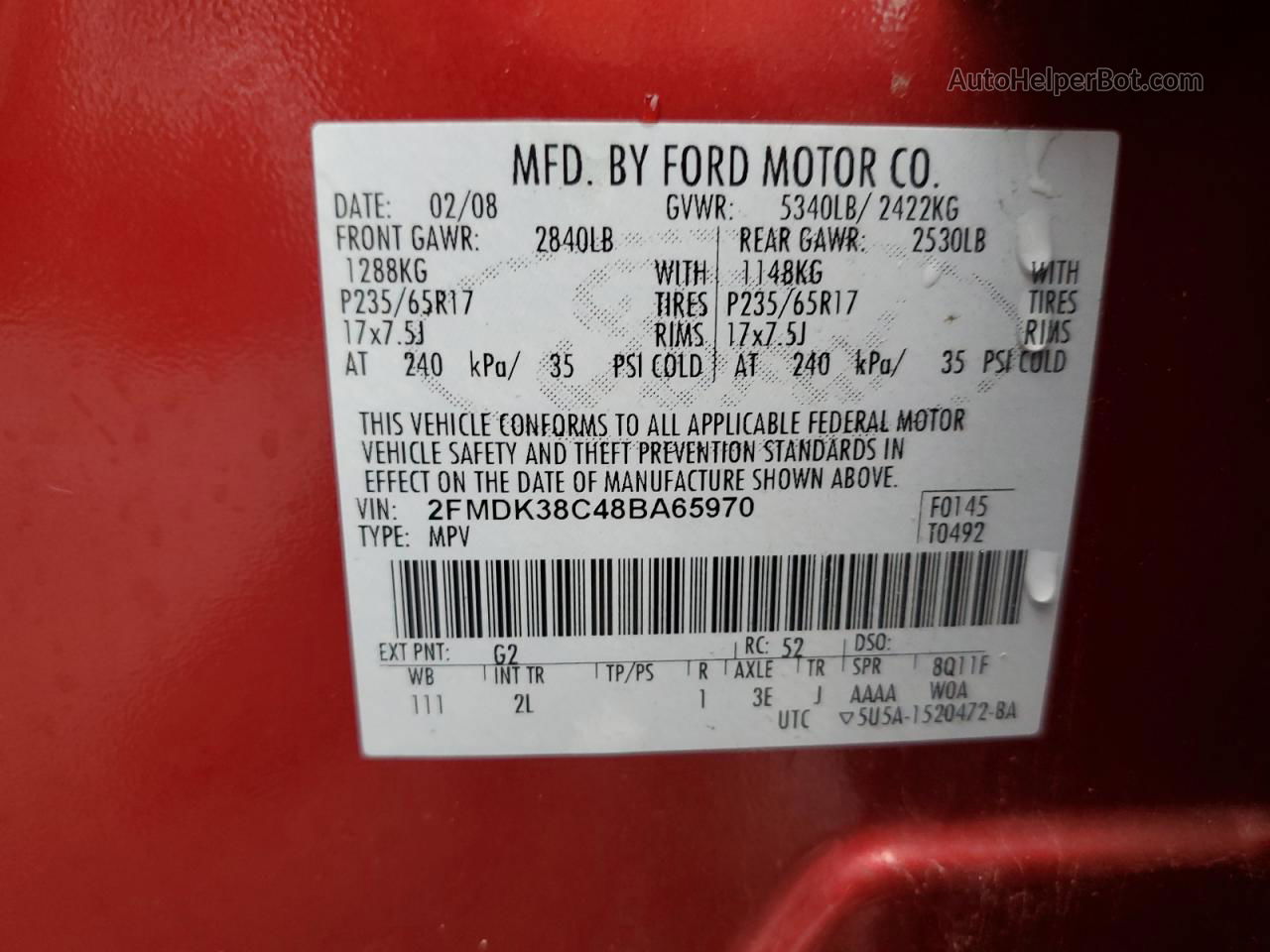 2008 Ford Edge Sel Red vin: 2FMDK38C48BA65970