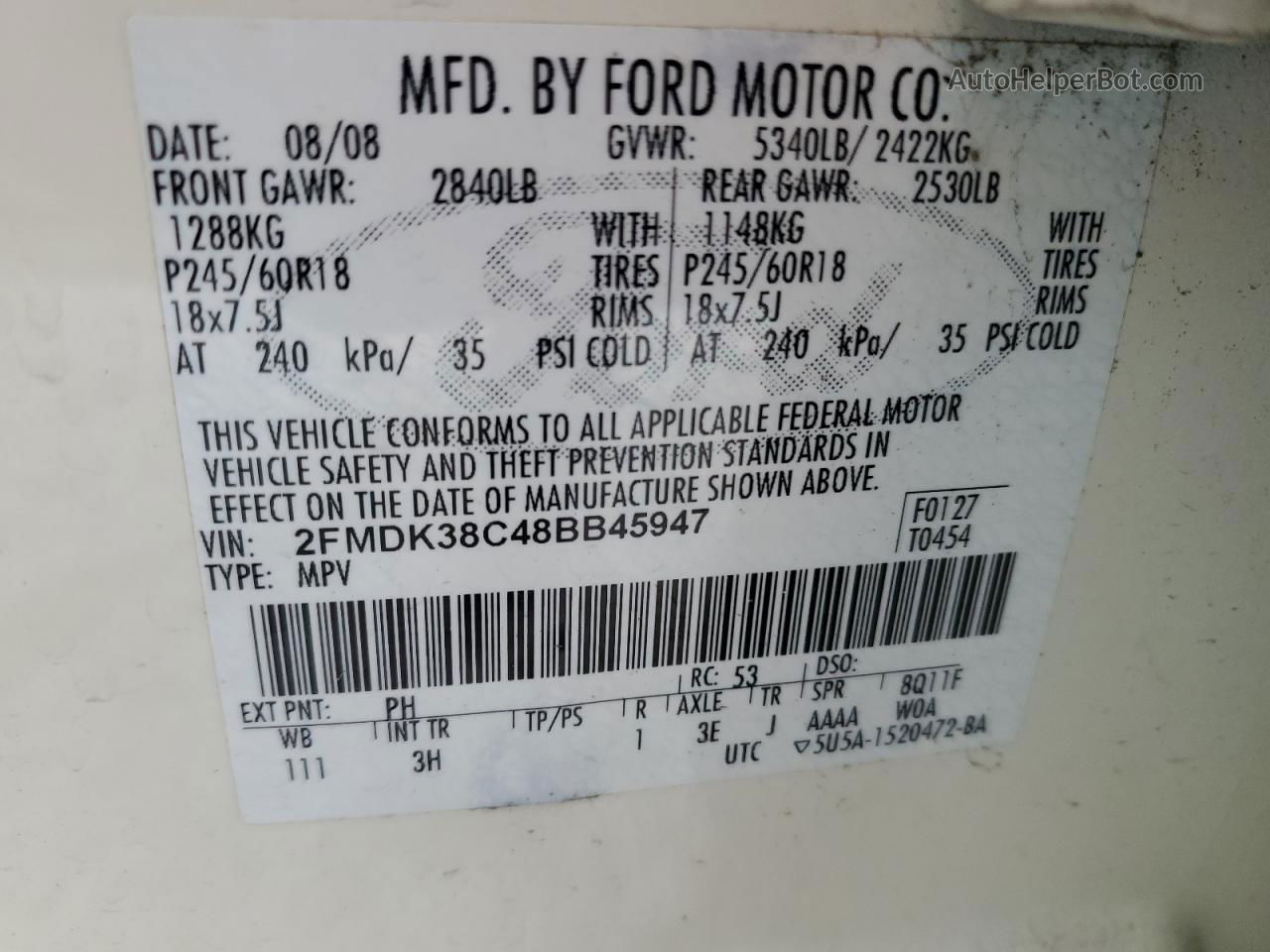 2008 Ford Edge Sel Cream vin: 2FMDK38C48BB45947