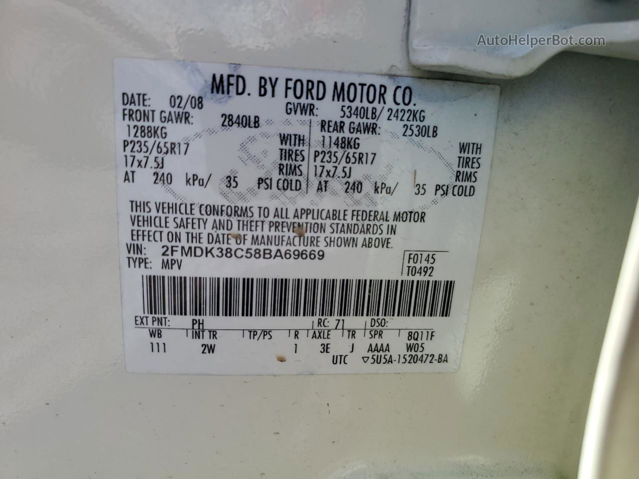 2008 Ford Edge Sel White vin: 2FMDK38C58BA69669