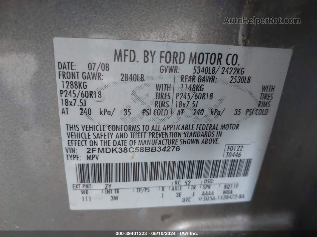 2008 Ford Edge Sel Silver vin: 2FMDK38C58BB34276