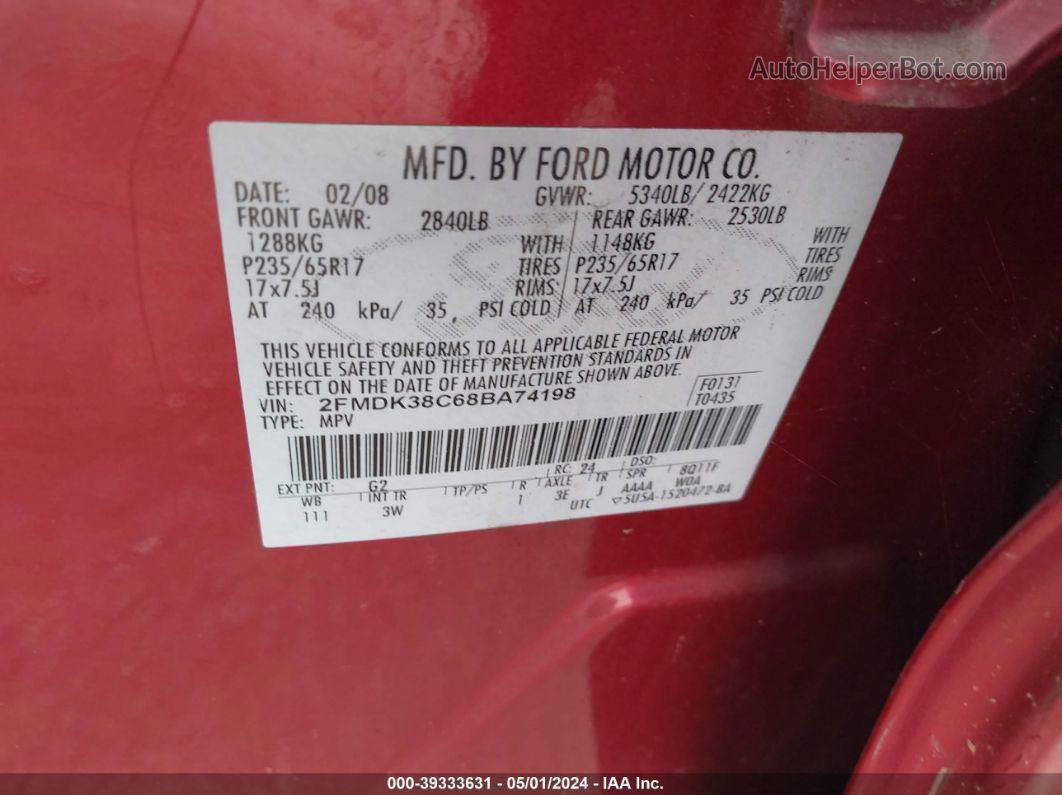 2008 Ford Edge Sel Red vin: 2FMDK38C68BA74198