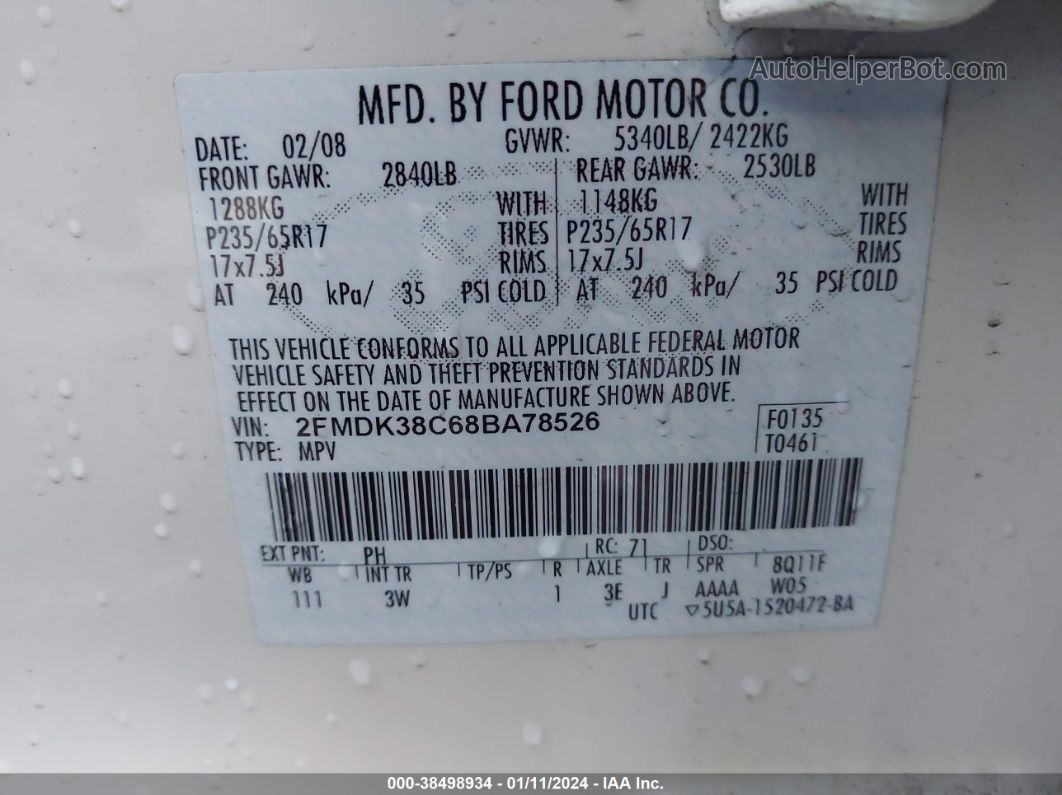 2008 Ford Edge Sel Белый vin: 2FMDK38C68BA78526