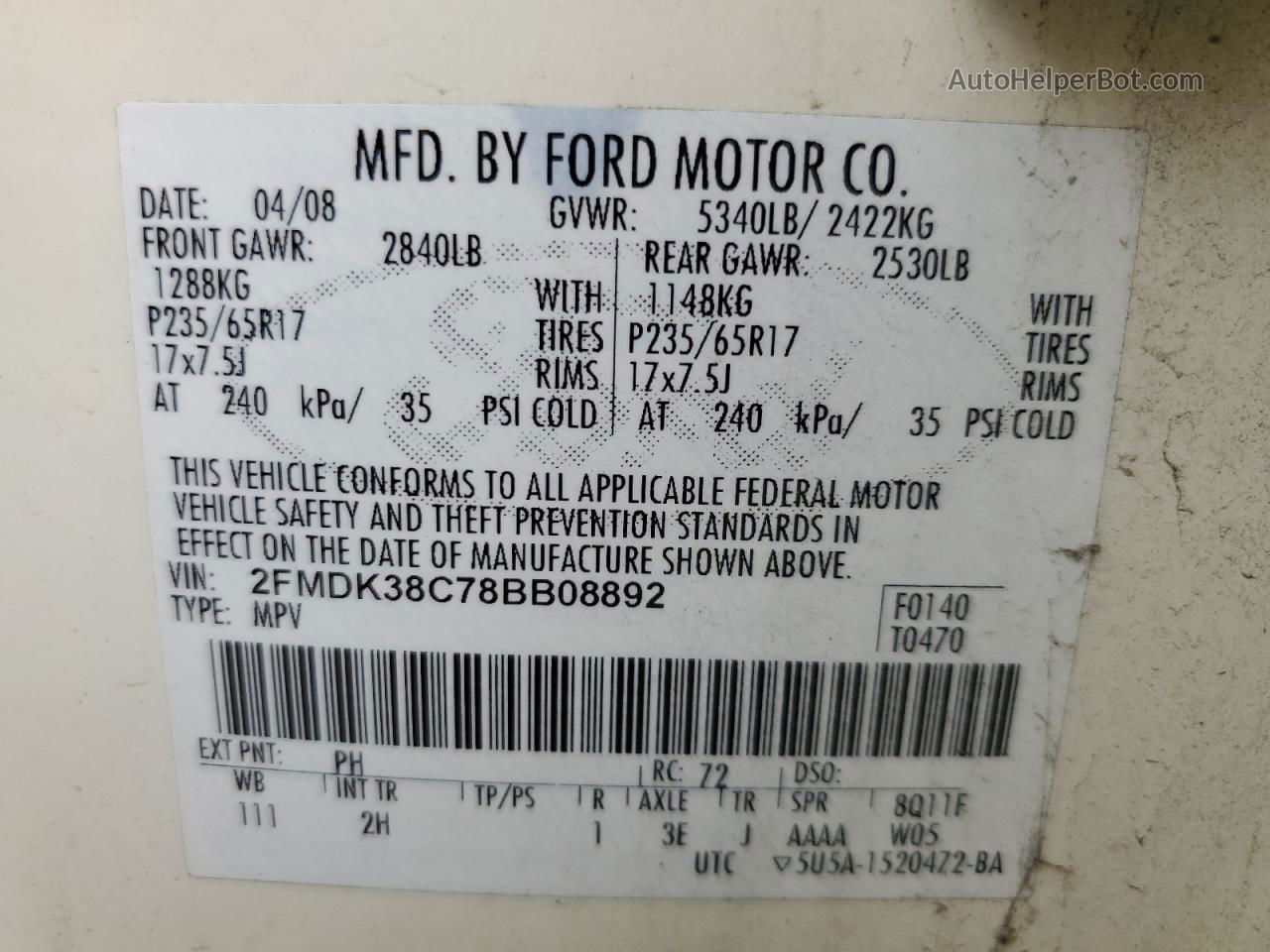 2008 Ford Edge Sel Cream vin: 2FMDK38C78BB08892