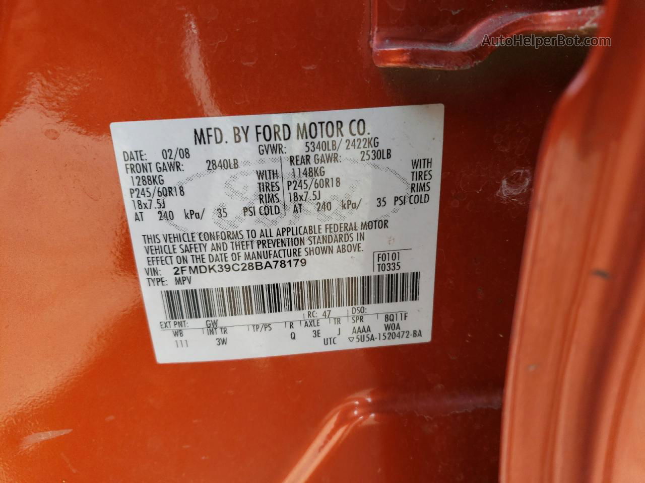 2008 Ford Edge Limited Orange vin: 2FMDK39C28BA78179