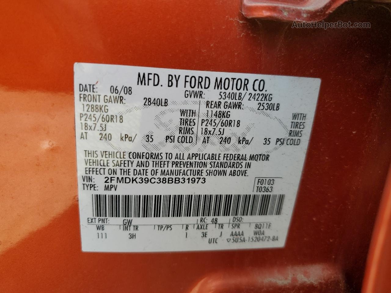 2008 Ford Edge Limited Orange vin: 2FMDK39C38BB31973