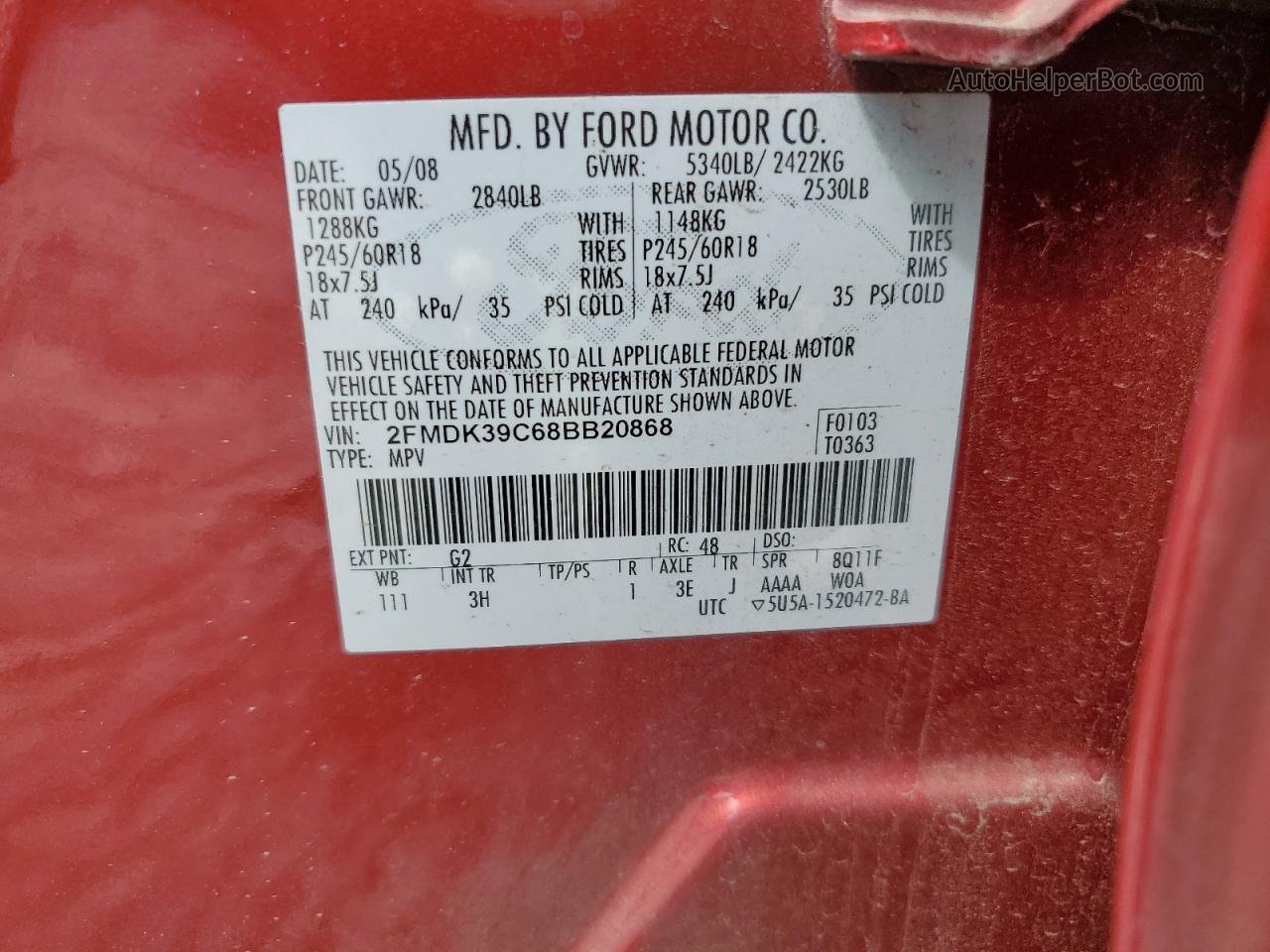 2008 Ford Edge Limited Красный vin: 2FMDK39C68BB20868