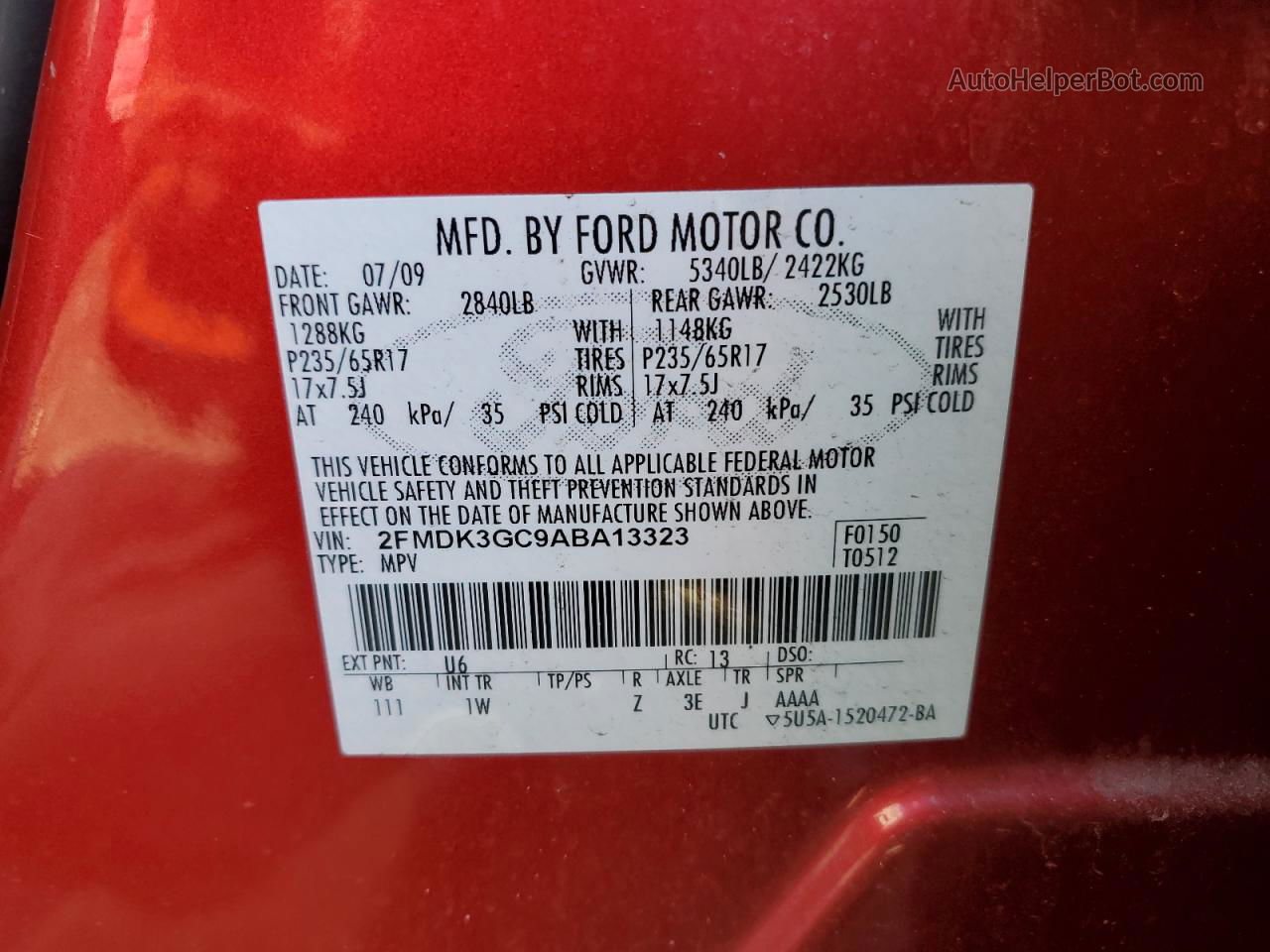 2010 Ford Edge Se Red vin: 2FMDK3GC9ABA13323