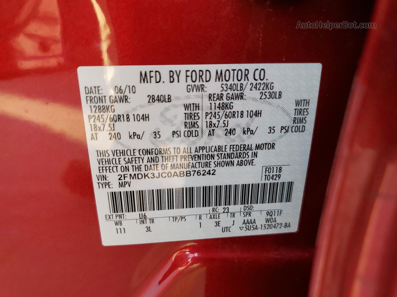 2010 Ford Edge Sel Red vin: 2FMDK3JC0ABB76242