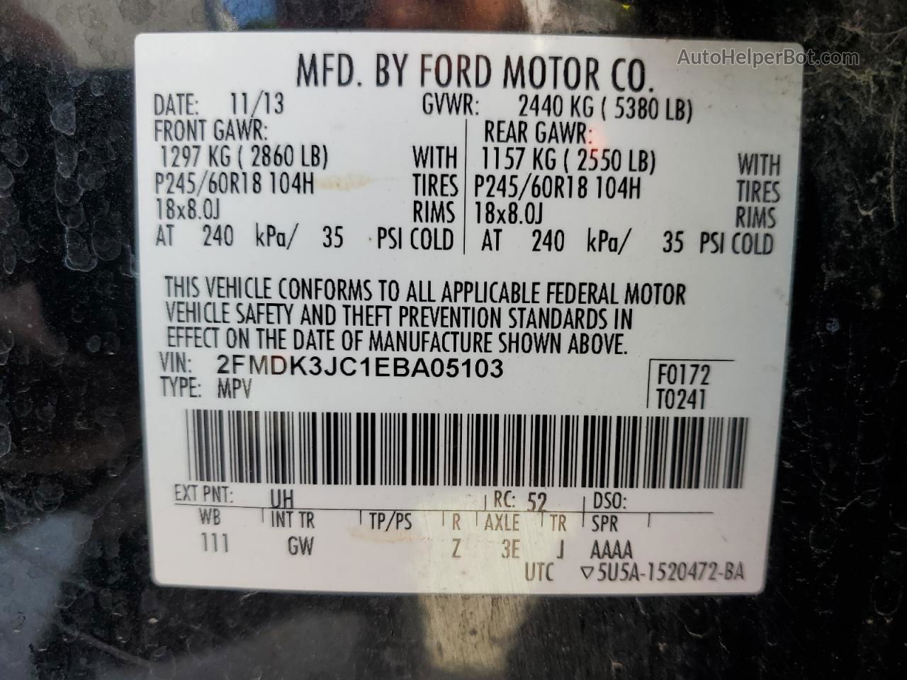 2014 Ford Edge Sel Charcoal vin: 2FMDK3JC1EBA05103