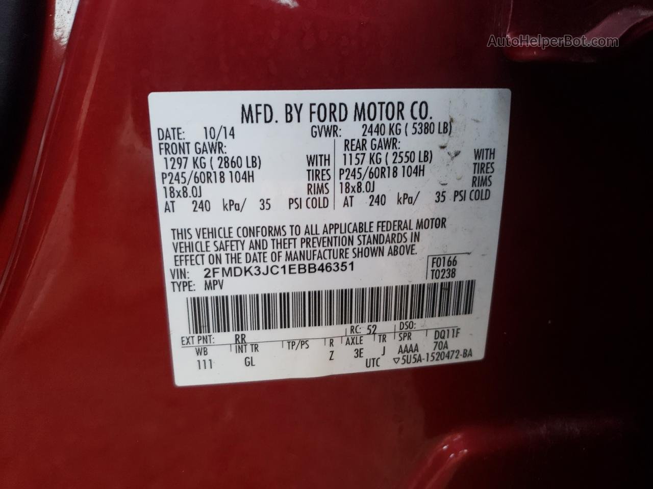 2014 Ford Edge Sel Red vin: 2FMDK3JC1EBB46351