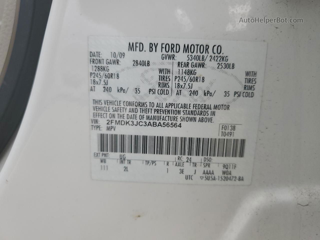 2010 Ford Edge Sel White vin: 2FMDK3JC3ABA56564