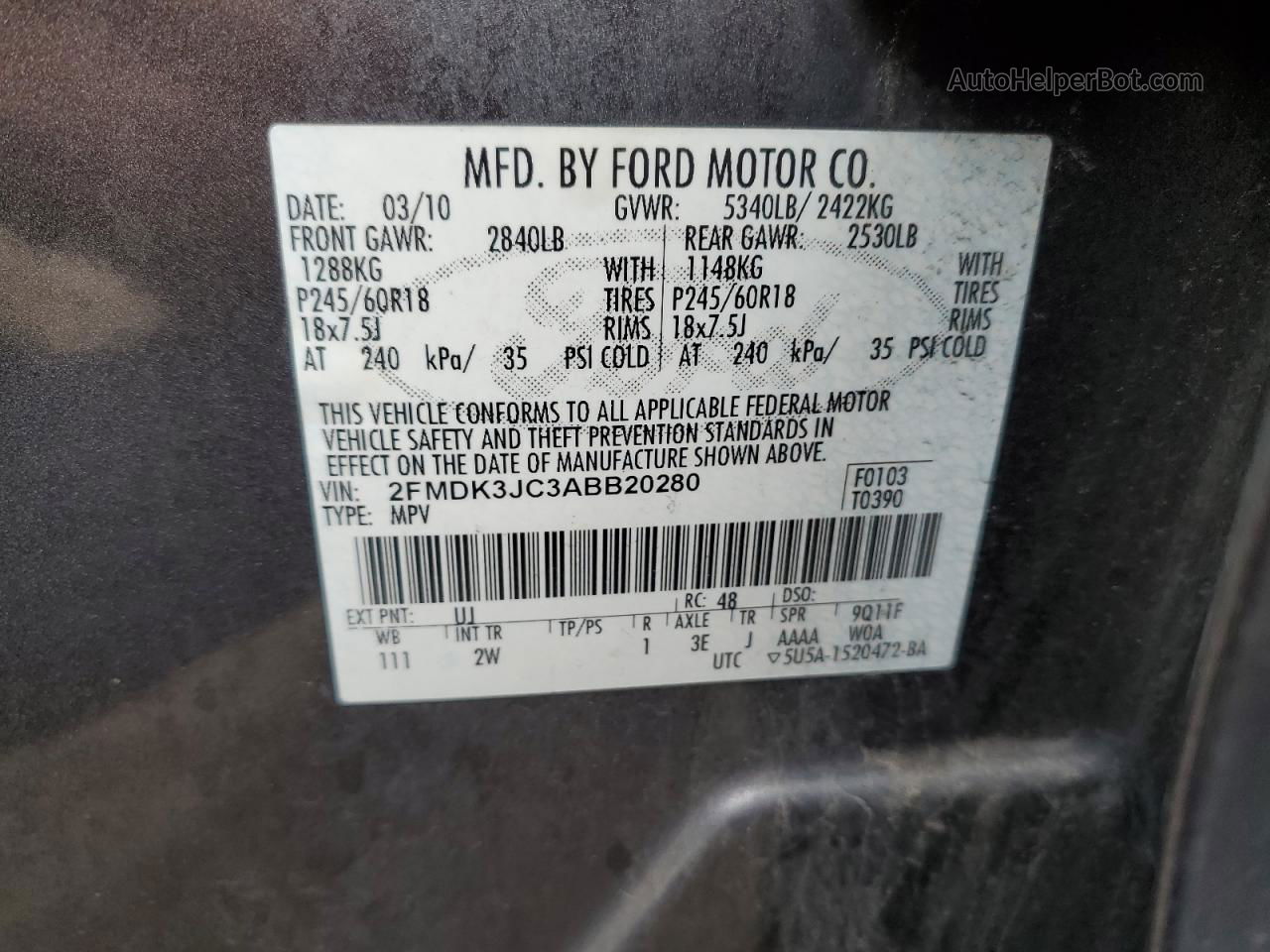 2010 Ford Edge Sel Silver vin: 2FMDK3JC3ABB20280