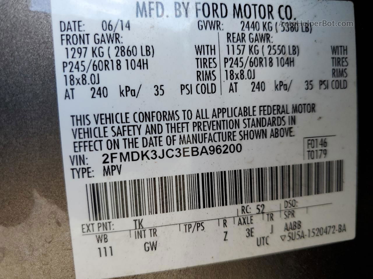 2014 Ford Edge Sel Tan vin: 2FMDK3JC3EBA96200