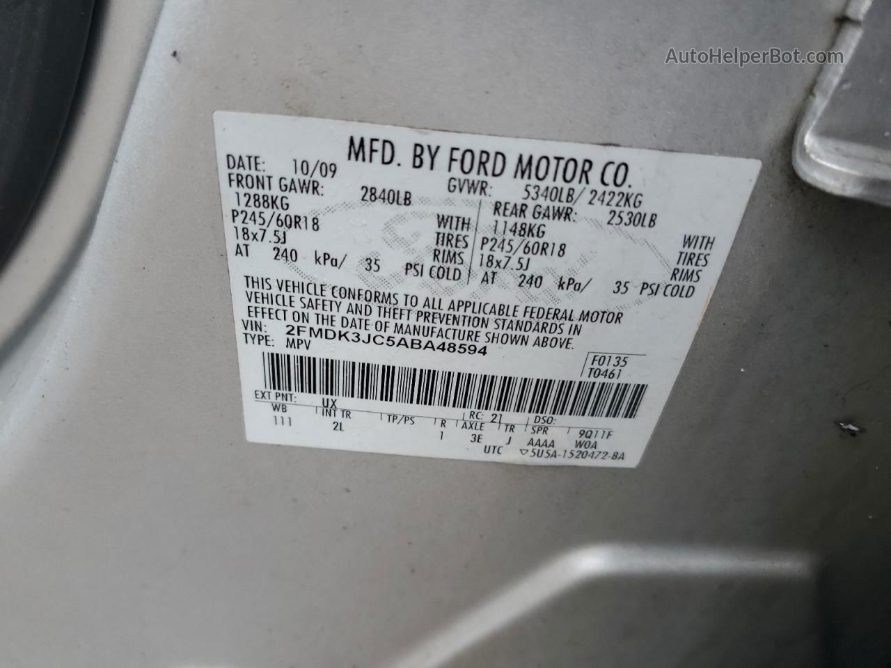 2010 Ford Edge Sel Silver vin: 2FMDK3JC5ABA48594