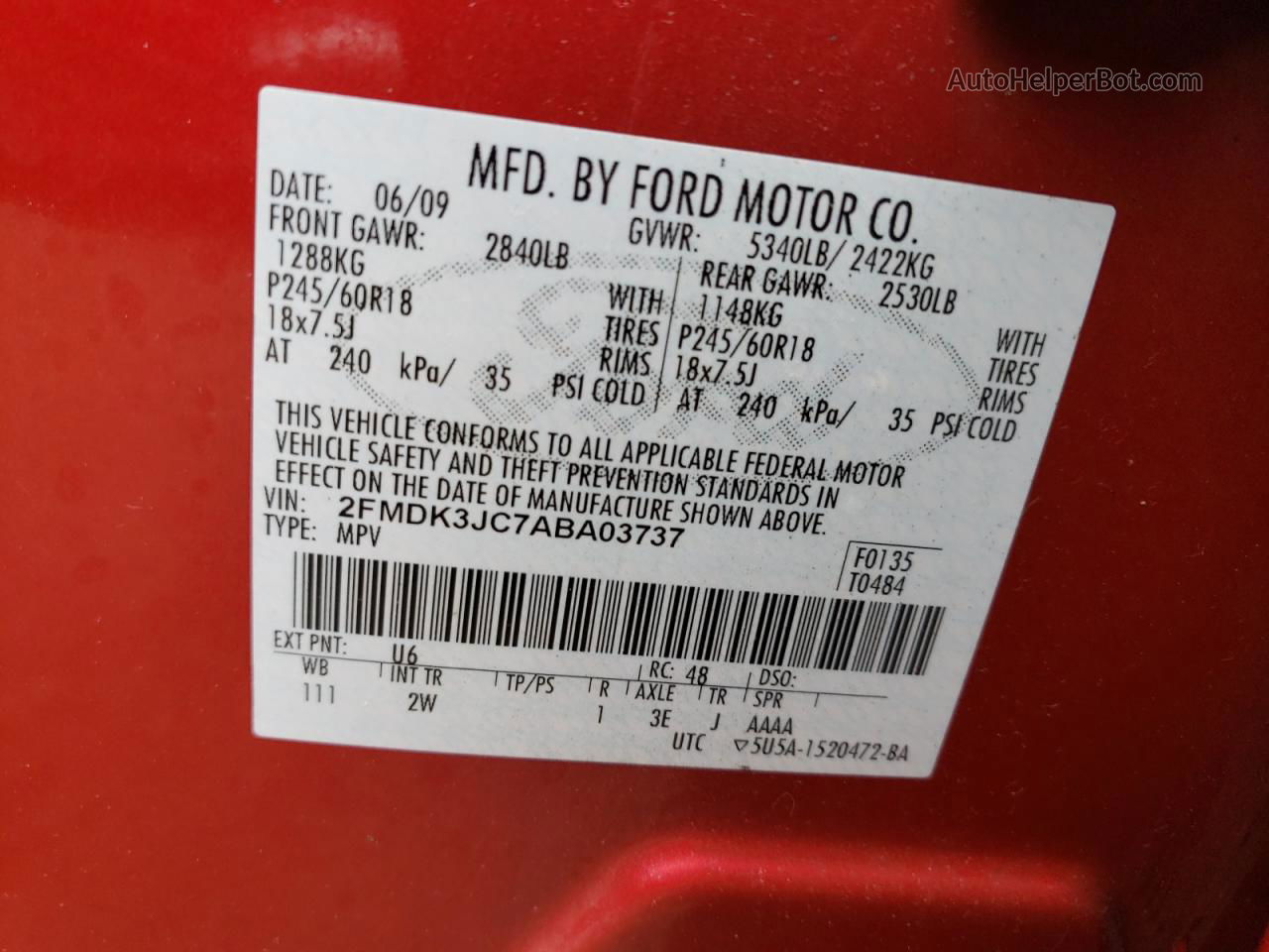 2010 Ford Edge Sel Red vin: 2FMDK3JC7ABA03737