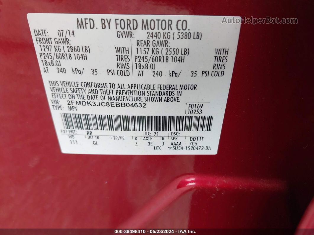 2014 Ford Edge Sel Red vin: 2FMDK3JC8EBB04632