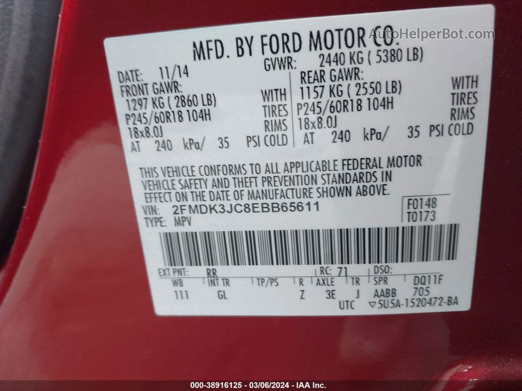 2014 Ford Edge Sel Red vin: 2FMDK3JC8EBB65611