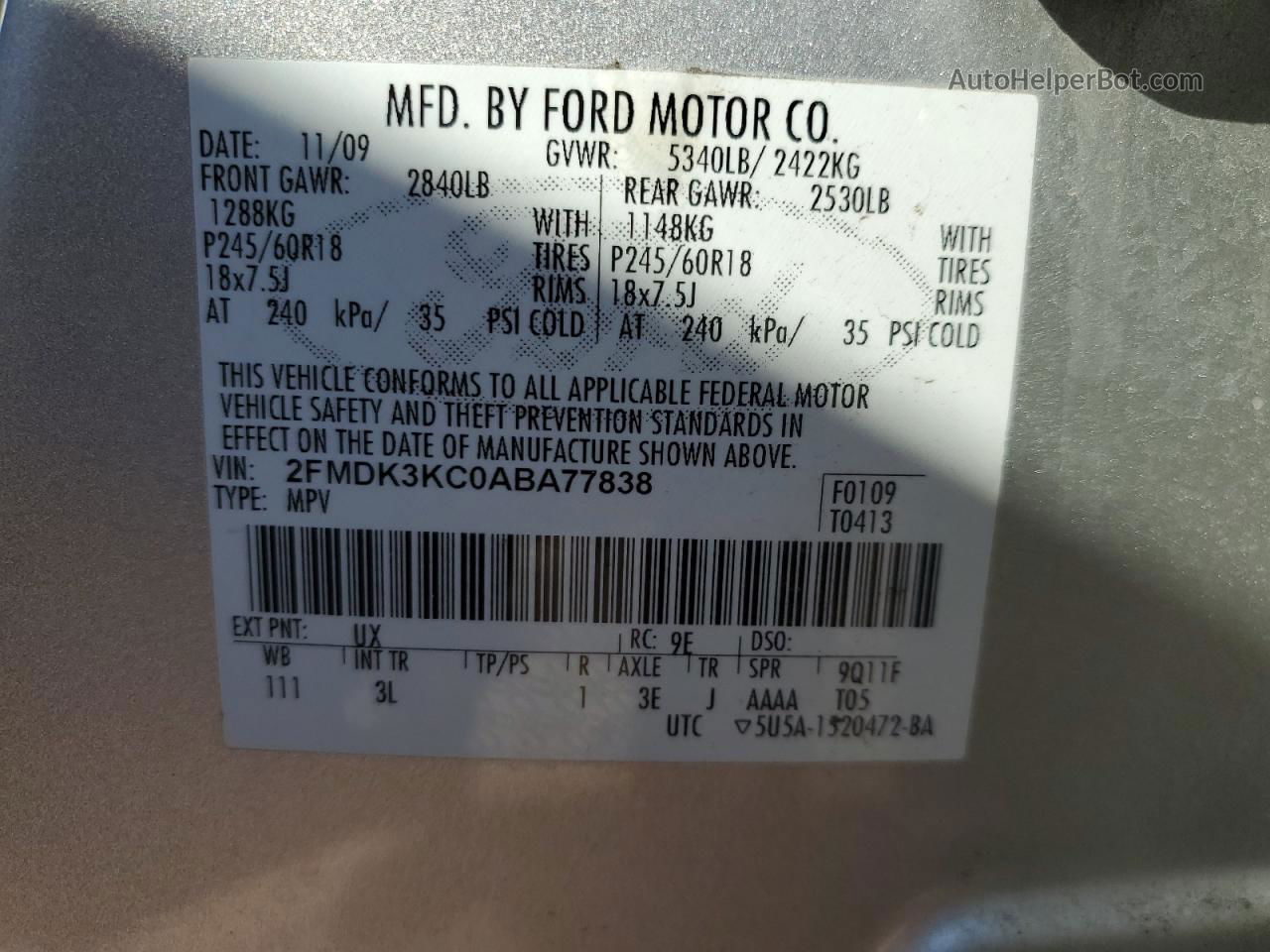 2010 Ford Edge Limited Silver vin: 2FMDK3KC0ABA77838