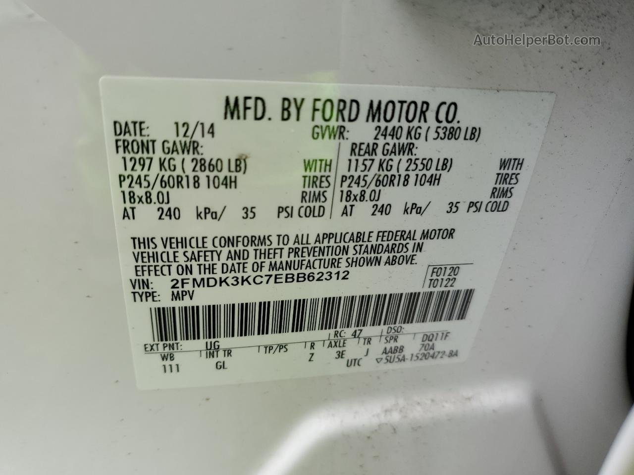 2014 Ford Edge Limited Белый vin: 2FMDK3KC7EBB62312