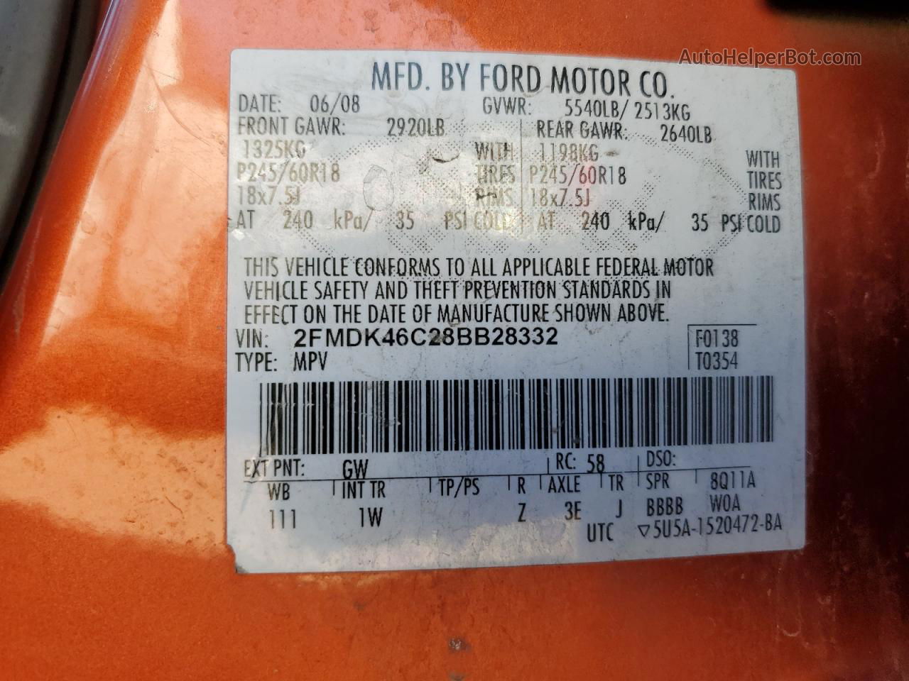 2008 Ford Edge Se Orange vin: 2FMDK46C28BB28332