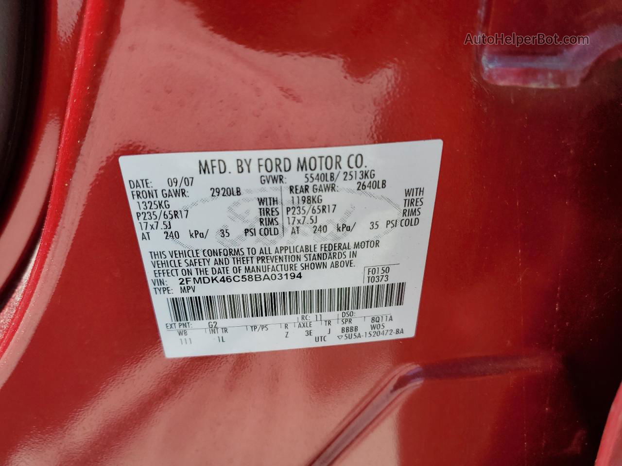 2008 Ford Edge Se Red vin: 2FMDK46C58BA03194