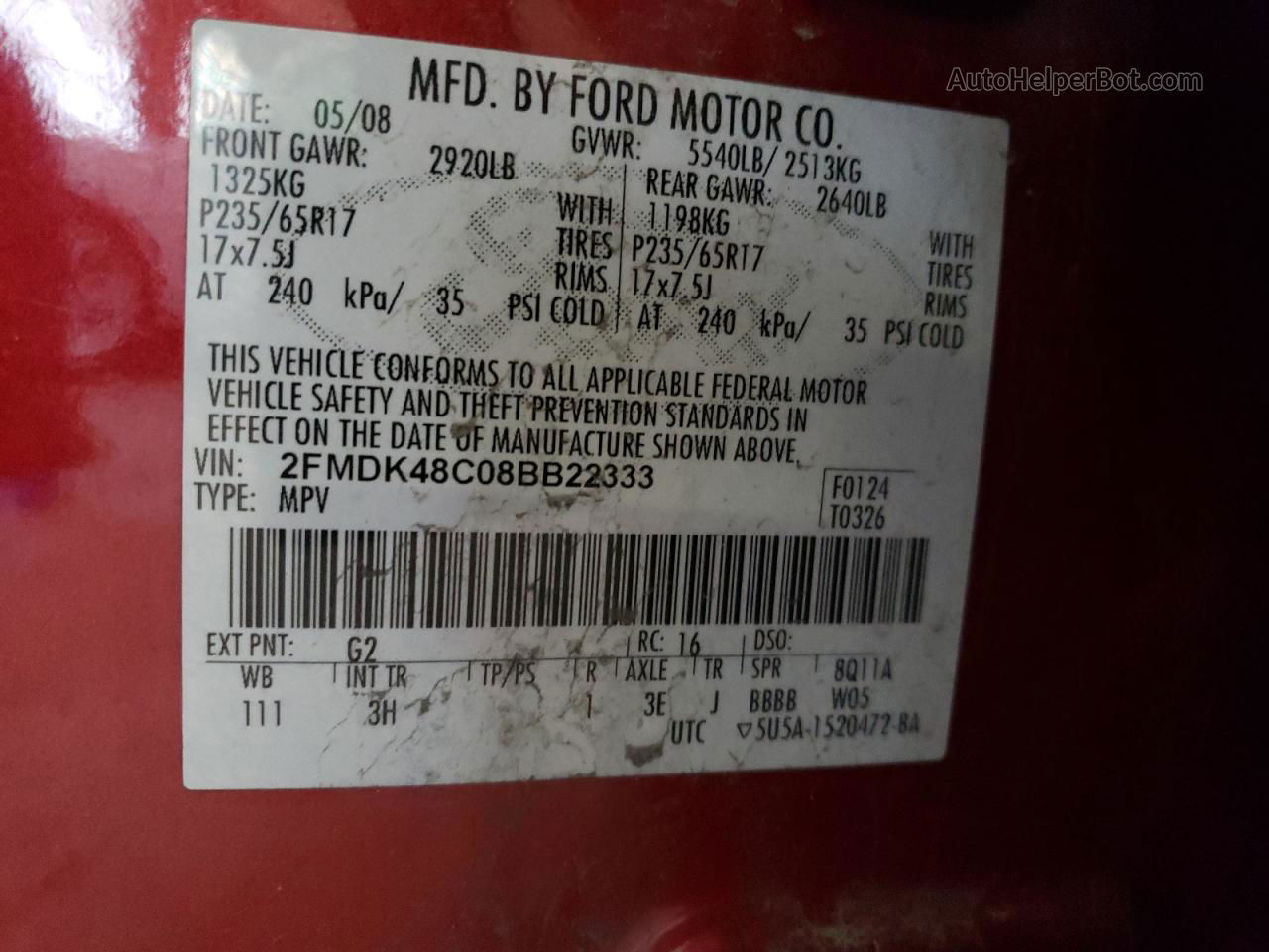 2008 Ford Edge Sel Red vin: 2FMDK48C08BB22333