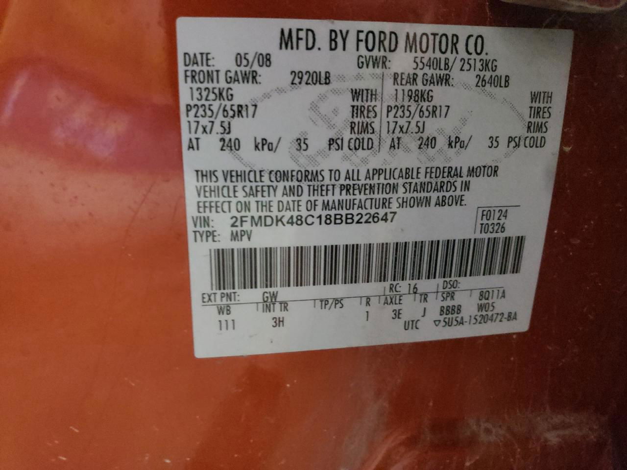 2008 Ford Edge Sel Orange vin: 2FMDK48C18BB22647