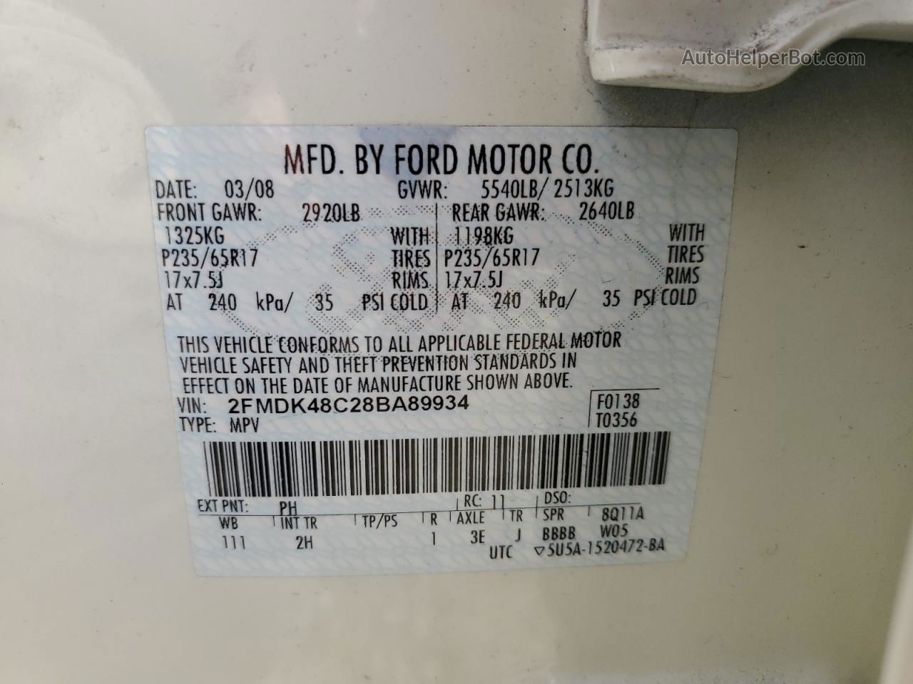 2008 Ford Edge Sel Cream vin: 2FMDK48C28BA89934